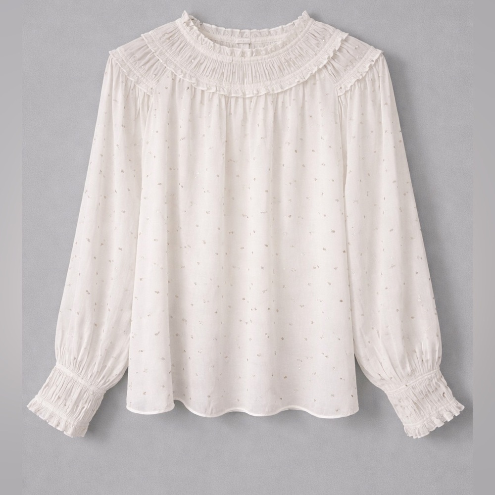 Current Air White Ruffle Neck Blouse Small Metallic Dot Cottagecore Boho